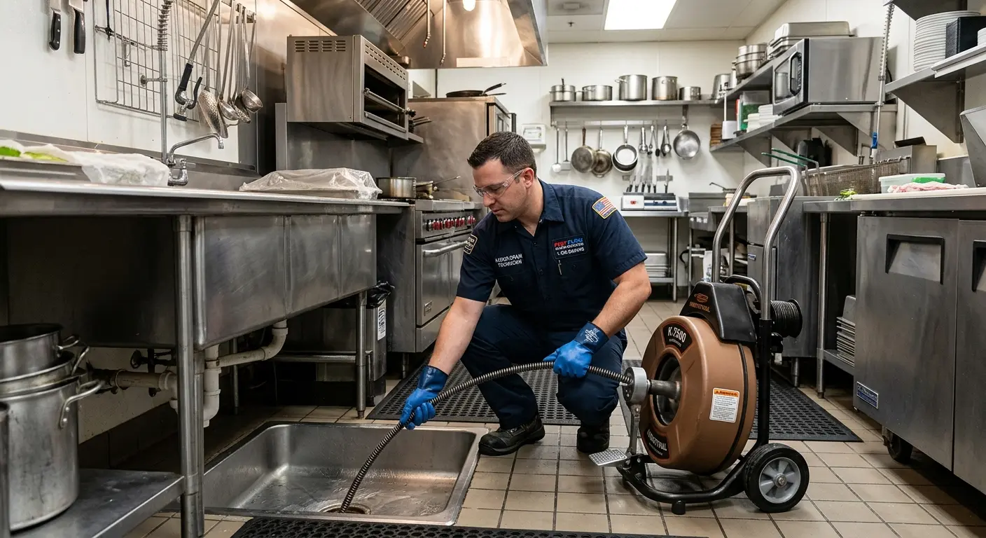 Commercial drain cleaning service in a restaurant kitchen in Mount Vernon
