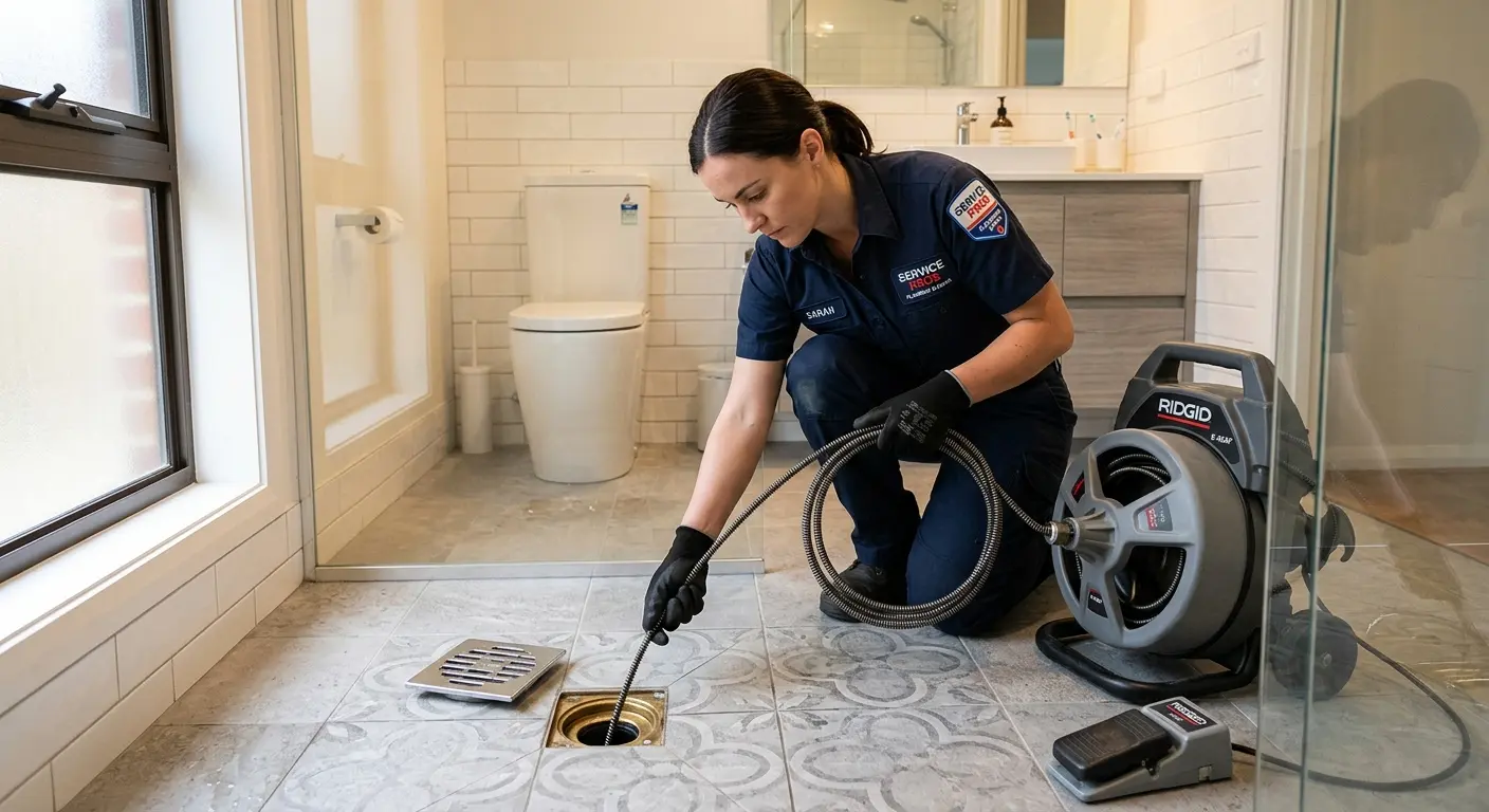Technician clearing a bathroom floor drain for Clogged Drain Repair in Mount Vernon